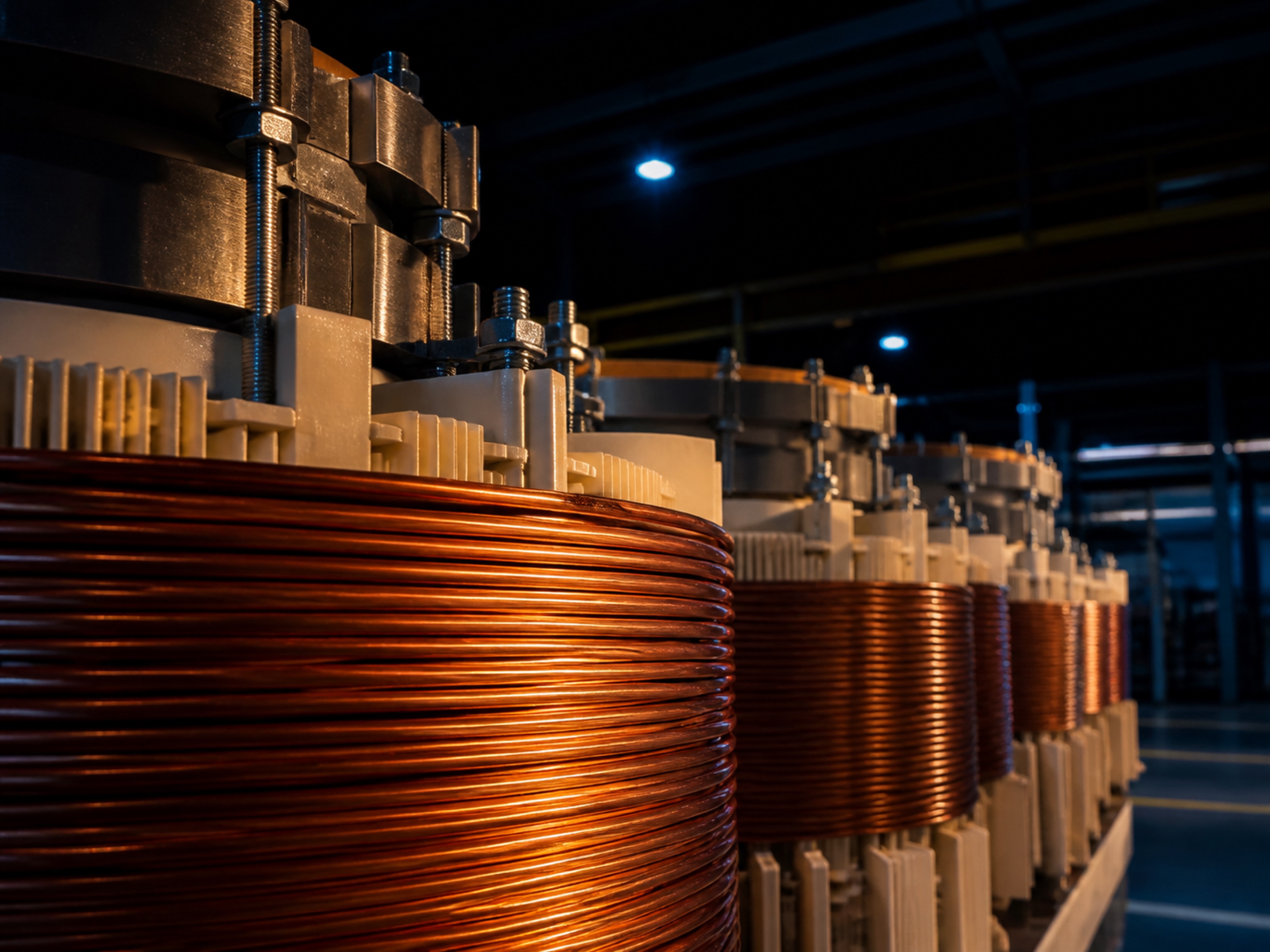 Copper windings and steel cores on a transformer assembly line